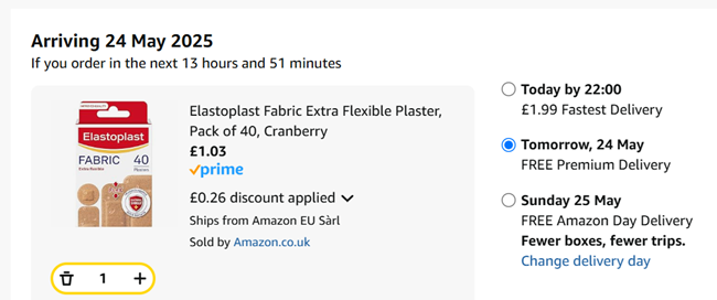 Screenshot showing Elastoplast Fabric Extra Flexible Plaster, Pack of 40 for £1.03 at Amazon