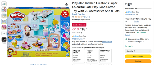 Screenshot showing Play-Doh Kitchen Creations Super Colourful Cafe for £18.10 at Amazon