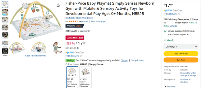 Screenshot showing Fisher-Price Baby Playmat Simply Senses Newborn Gym for £17.99 at Amazon