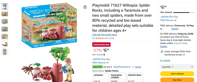 Screenshot showing Playmobil 71627 Wiltopia: Spider Rocks for £6.40 at Amazon