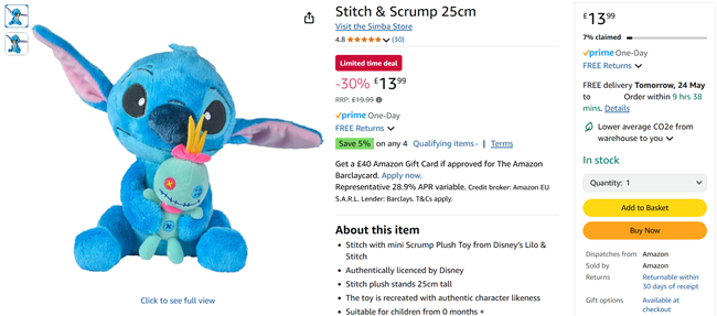 Screenshot showing Stitch & Scrump 25cm Plush Toy for £13.99 at Amazon