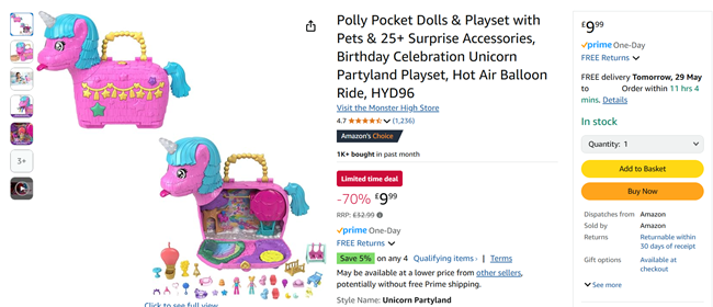 Screenshot showing Polly Pocket Unicorn Party Playset for £9.99 at Amazon