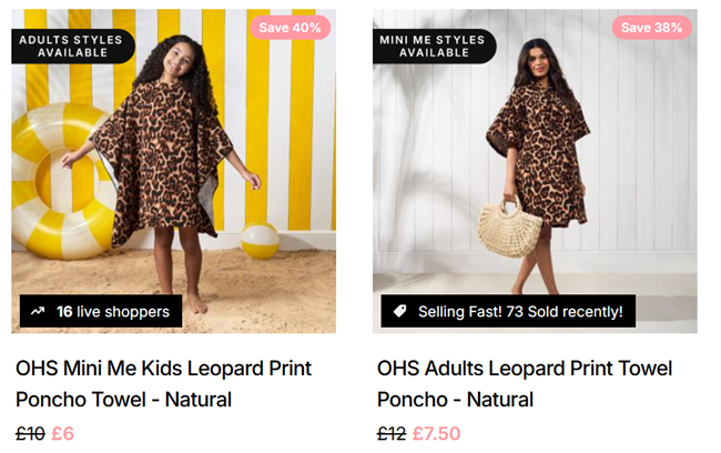 Screenshot showing reduced Mini Me Leopard Print Towel Ponchos at Online Home Shop