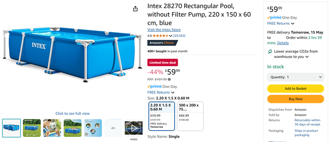 Screenshot showing Intex Rectangular Pool 220 x 150 x 60cm for £59.99 at Amazon