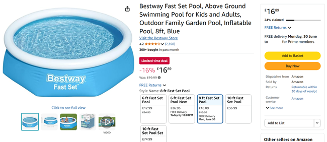 Screenshot showing Bestway Fast Set 8ft Inflatable Pool for £16.89 at Amazon