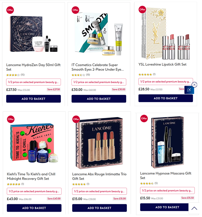 Screenshot showing Half Price on selected Premium Beauty Gifts at Boots