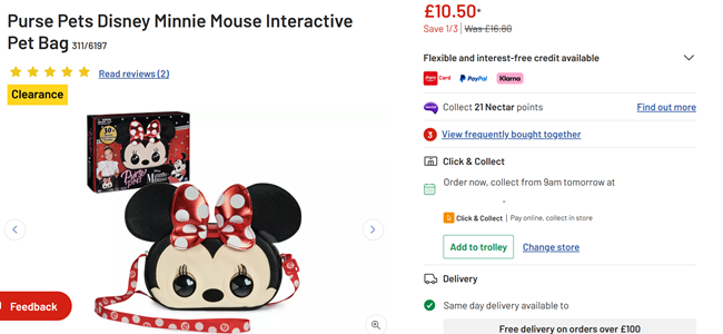 Screenshot showing Purse Pets Disney Minnie Mouse Interactive Pet Bag for £10.50 at Argos