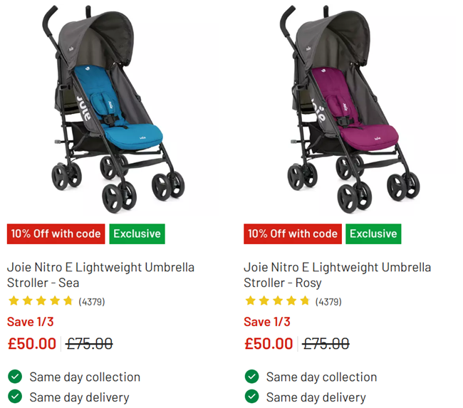 Screenshot showing Joie Nitro E Lightweight Umbrella Stroller offer at Argos