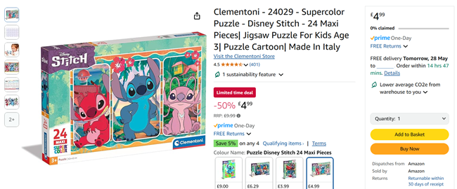 Screenshot showing Clementoni Disney Stitch Supercolor 24 Maxi Pieces Jigsaw Puzzle for £4.99 at Amazon