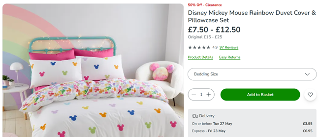 Screenshot showing Disney Mickey Mouse Rainbow Duvet Cover & Pillowcase Set from £7.50 at Dunelm