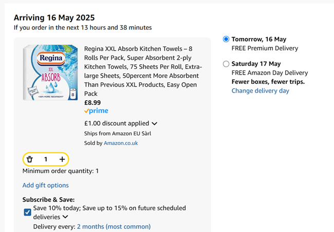 Screenshot showing Regina XXL Absorb Kitchen Towels 8 Rolls for £8.99 at Amazon