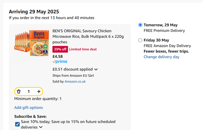Screenshot showing Ben's Original Microwave Rice, Bulk Multipack 6 x 220g pouches for £4.58 at Amazon