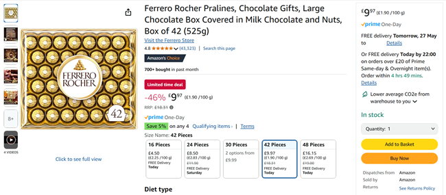 Screenshot showing Ferrero Rocher Box of 42 (525g) for £9.97 at Amazon
