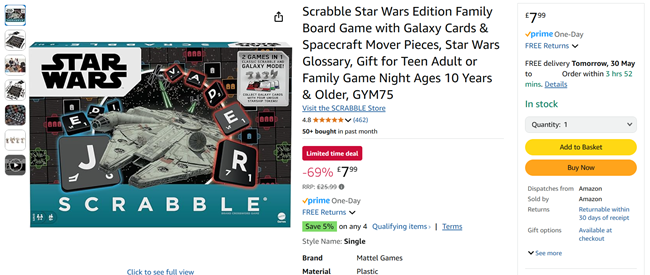 Screenshot showing Star Wars Scrabble for £7.99 at Amazon