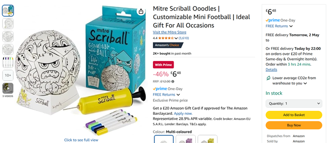 Screenshot showing Mitre Scriball Ooodles Customizable Mini Football for £6.48 at Amazon