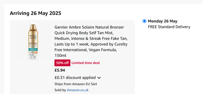 Screenshot showing Garnier Ambre Solaire Natural Bronzer Quick Drying Body Self Tan Mist, Medium £5.94 at Amazon
