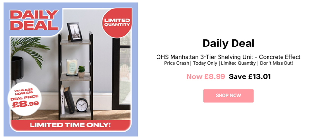 Screenshot showing OHS Manhattan 3-Tier Shelving Unit Concrete Effect for £8.99 at Online Home Shop