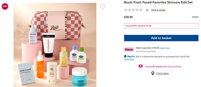 Screenshot showing Boots Fresh Faced Favorites Skincare Edit Set for £29.99 with free delivery at Boots