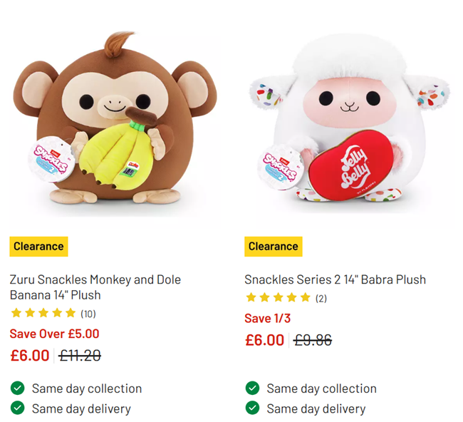 Screenshot showing Zuru Snackles Monkey & Dole Banana / Lamb & Jelly Belly 14 Inch Plush for £6 each at Argos