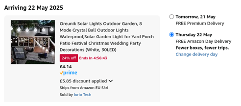 Screenshot showing 8 Mode Crystal Ball Outdoor Solar Lights for £4.14 at Amazon / Iorio Tech