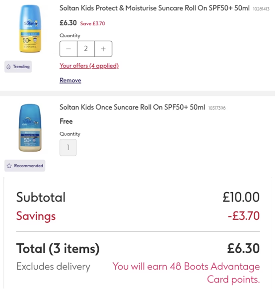 Screenshot showing Soltan Kids Protect & Moisturise Suncare Roll On SPF50+ 50ml 2 for £6.30 + Free Gift at Boots