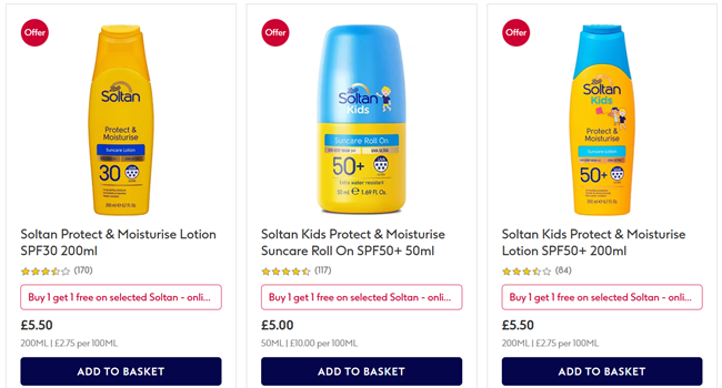 Screenshot showing Buy One Get One Free on selected Soltan offer at Boots