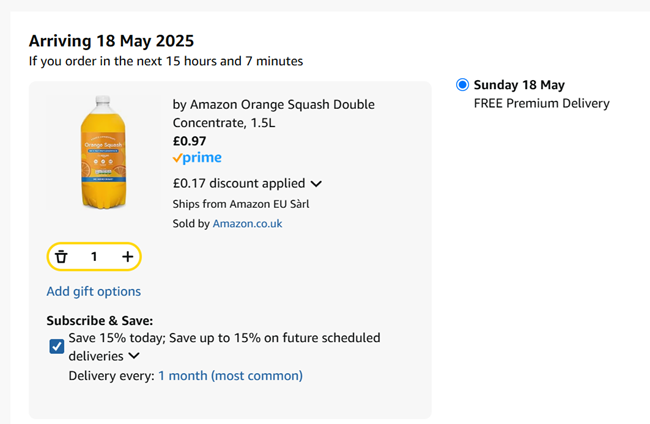 Screenshot showing by Amazon Orange Squash Double Concentrate 1.5L for 97p at Amazon
