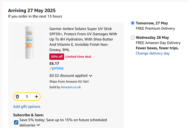 Screenshot showing Garnier Ambre Solaire Super UV Stick SPF50+ for £6.17 at Amazon