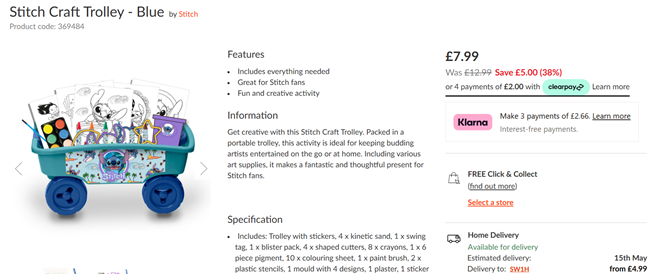 Screenshot showing Stitch Craft Trolley for £7.99 at The Range