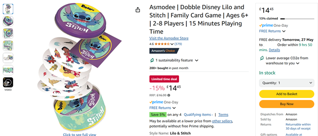 Screenshot showing Dobble Disney Lilo and Stitch Family Card Game for £14.43 at Amazon