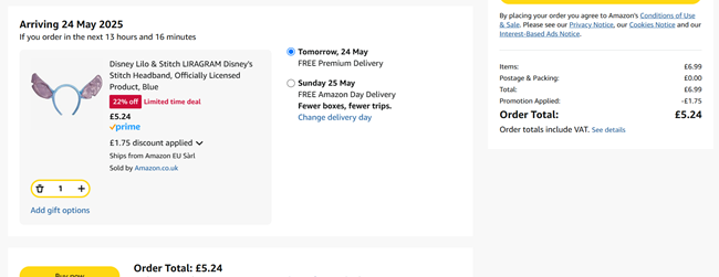 Screenshot showing Disney Lilo & Stitch Headband for £5.24 at Amazon