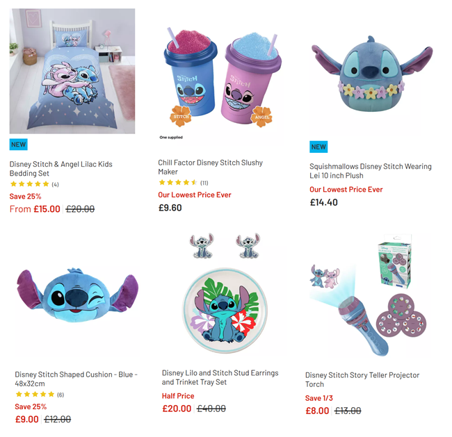 Screenshot showing reduced Lilo & Stitch items at Argos