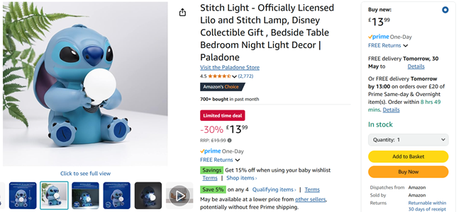Screenshot showing Disney Stitch Lamp for £13.99 at Amazon