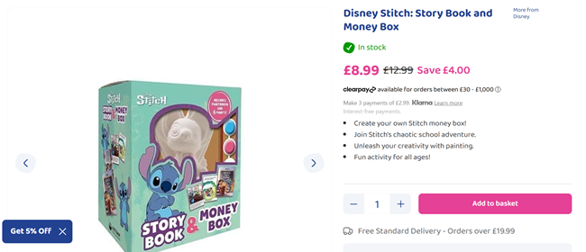 Screenshot showing Disney Stitch: Story Book and Money Box Set for £8.99 at Bargain Max