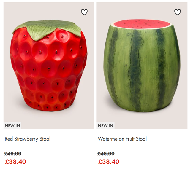 Screenshot showing Red Strawberry Stool / Watermelon Fruit Stool for £38.40 at Matalan