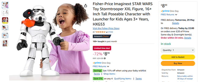 Screenshot showing Fisher-Price Imaginext Star Wars Toy Stormtrooper XXL Figure for £8.99 at Amazon