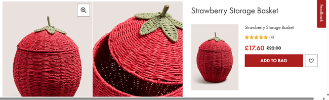 Screenshot showing Strawberry Storage Basket for £17.60 at Matalan