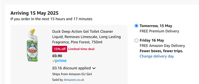 Screenshot showing Duck Deep Action Gel Toilet Cleaner Liquid Pine Forest 750ml for 90p at Amazon