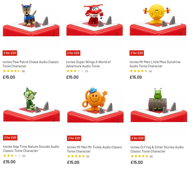 Screenshot showing 2 For £20 on selected Tonies Characters offer at Argos