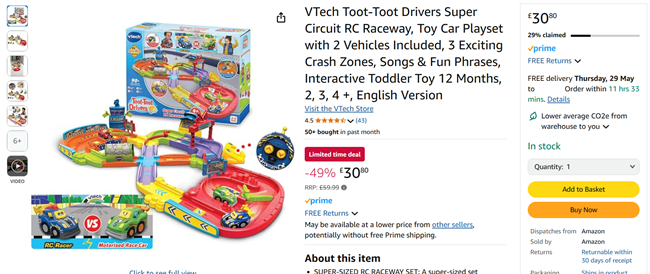 Screenshot showing VTech Toot-Toot Drivers Super Circuit RC Raceway for £30.80 at Amazon