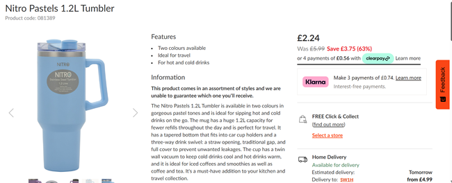 Screenshot showing Nitro Stainless Steel 1.2L Tumbler for £2.24 at The Range