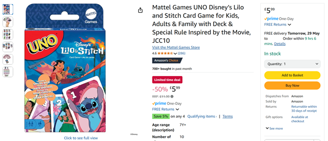 Screenshot showing UNO Disney’s Lilo and Stitch Card Game for £5.99 at Amazon