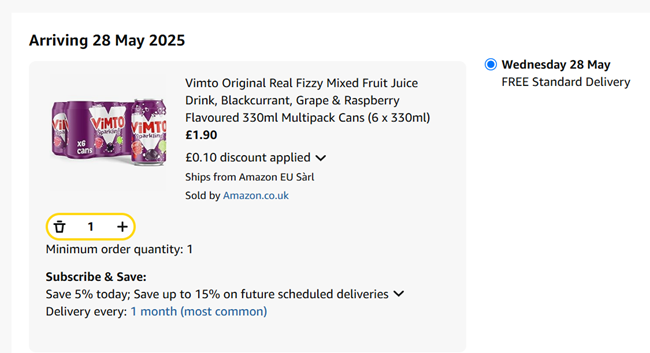 Screenshot showing Vimto Original Real Fizzy Mixed Fruit Juice Drink (6 x 330ml) for £1.90 at Amazon
