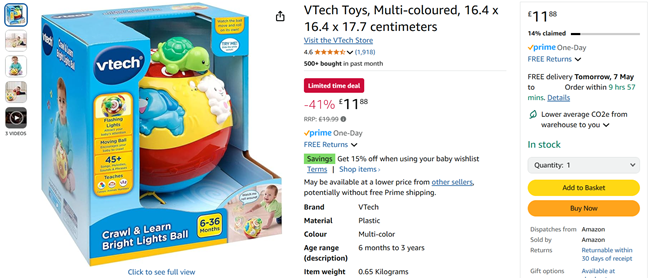 Screenshot showing VTech Crawl & Learn Bright Lights Ball for £11.88 at Amazon
