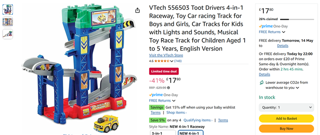 Screenshot showing VTech Toot Drivers 4-in-1 Raceway for £17.80 at Amazon
