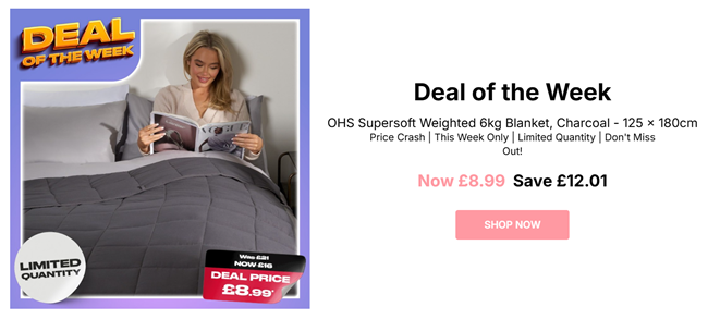 Screenshot showing Deal Of The Week: OHS Supersoft Weighted 6kg Blanket, Charcoal 125 x 180cm for £8.99 at Online Home Shop