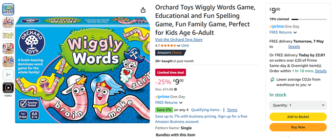 Screenshot showing Orchard Toys Wiggly Words Game for £9 at Amazon