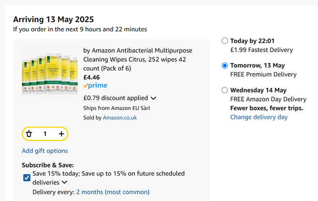 Screenshot showing by Amazon Antibacterial Multipurpose Cleaning Wipes Citrus 6 x 42 Wipes for £4.46 at Amazon