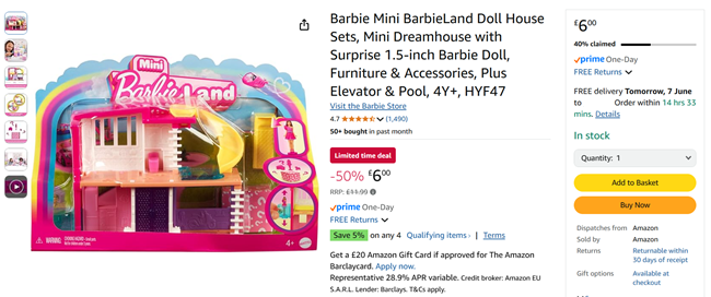 Screenshot showing Barbie Mini BarbieLand Doll House Set for £6 at Amazon