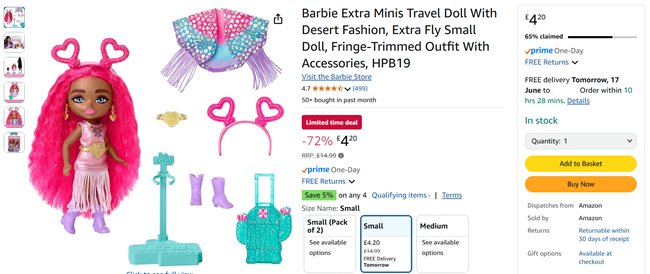 Screenshot showing Barbie Extra Minis Travel Doll for £4.20 at Amazon